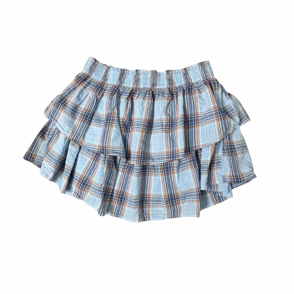 Aerie Light Blue Plaid Ruffle Mini Skirt